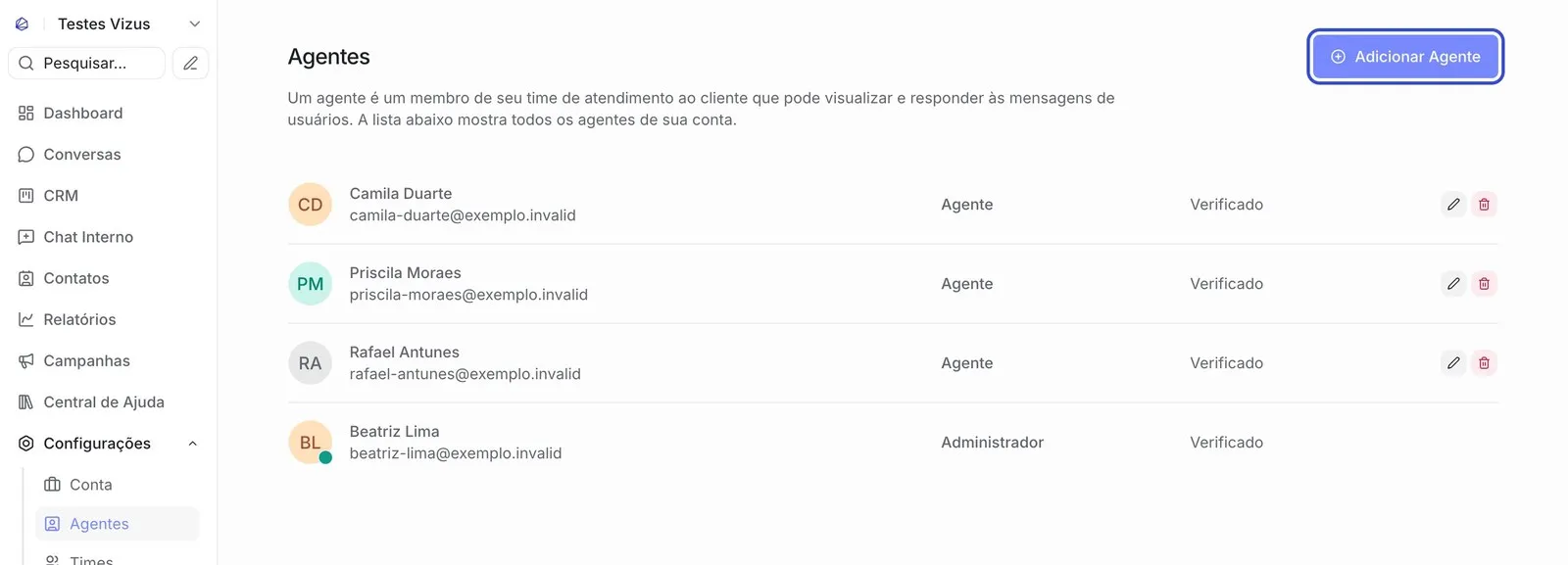 Tela “Agentes” do Vizus Chat, com a lista de pessoas da conta, o perfil de cada uma (Agente ou Administrador), o status “Verificado” e o botão “Adicionar Agente” destacado no canto superior direito.