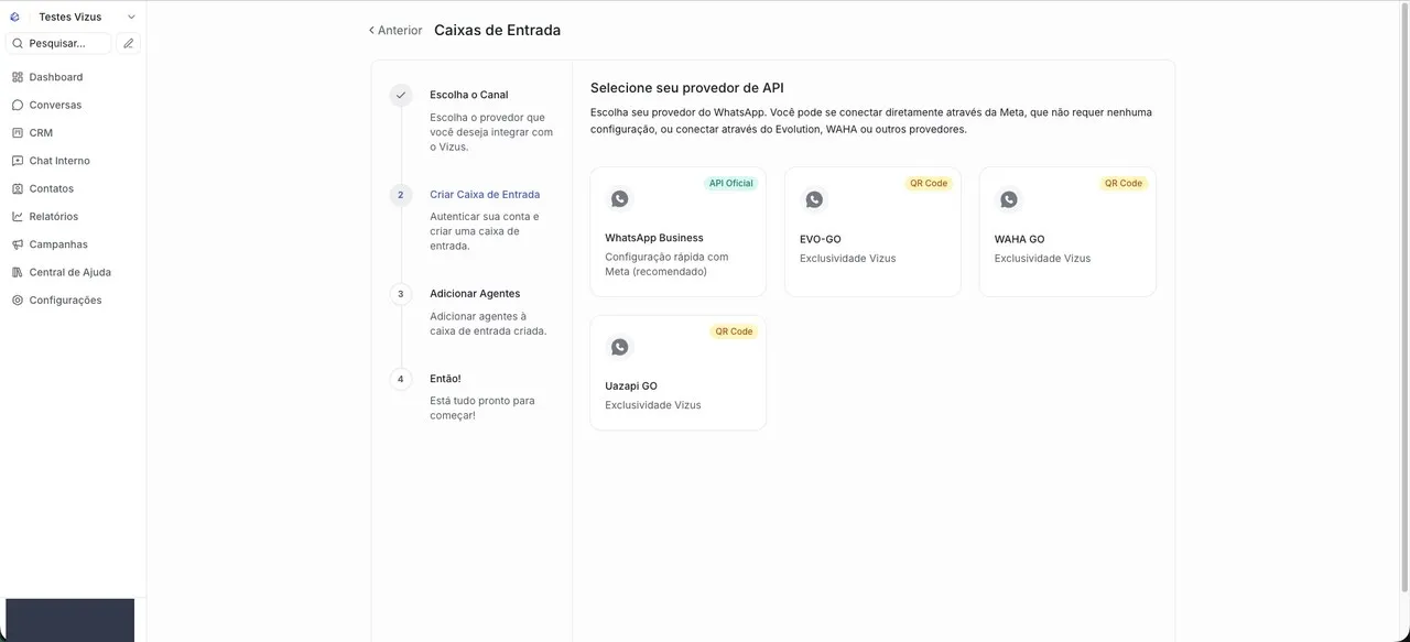 Tela do Vizus Chat para escolher o provedor do WhatsApp. O cartão correto é o “WhatsApp Business”, com a etiqueta API Oficial.