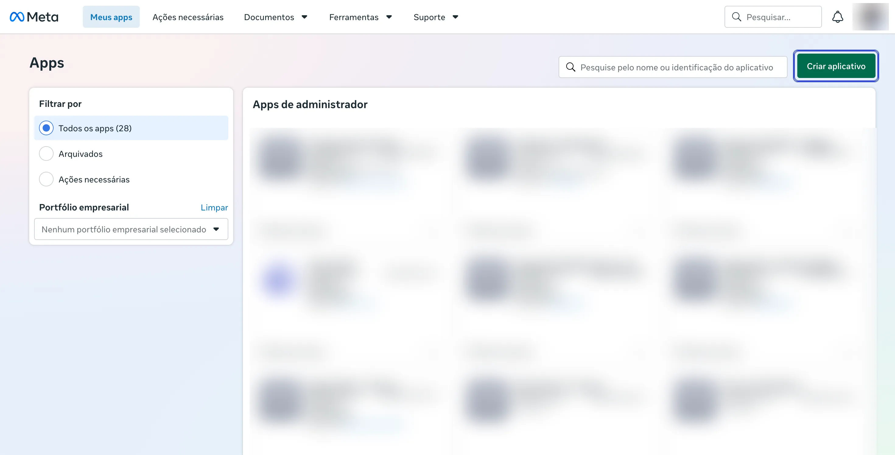 Painel Meus apps do Meta for Developers, com o botão Criar aplicativo destacado.