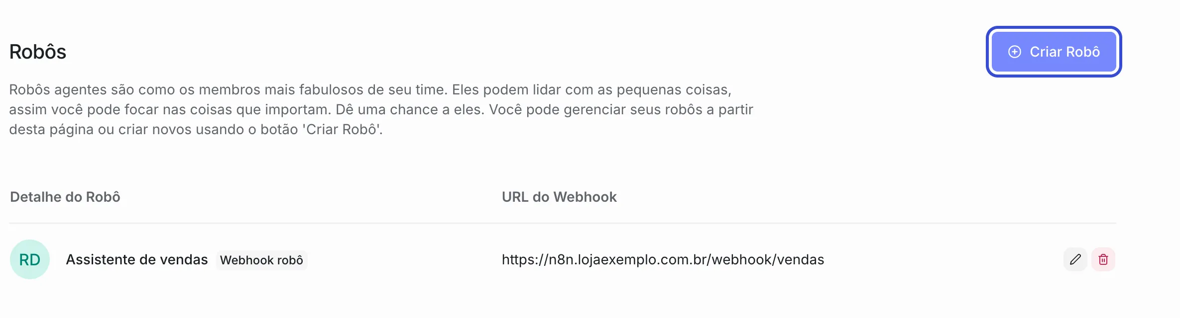 Tela “Robôs” com a lista de agentes de IA cadastrados (Assistente de vendas, tipo Webhook, com a URL do webhook) e o botão “Criar Robô” destacado no canto superior direito.