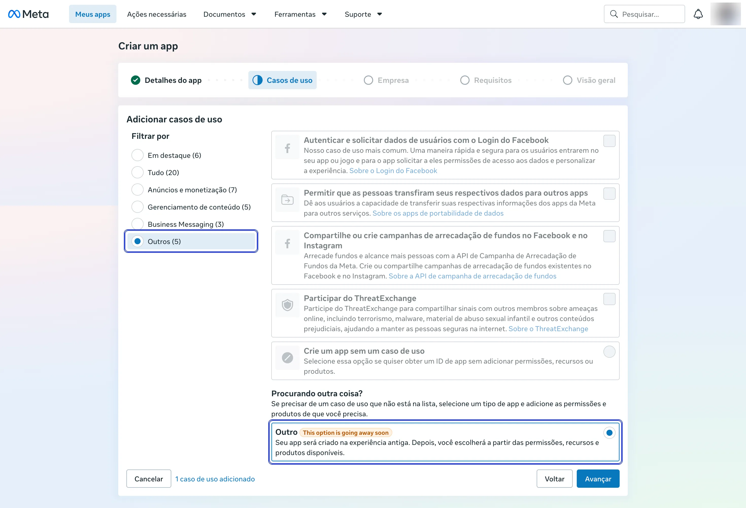 Etapa Casos de uso da criação do app, com o filtro Outros e a opção Outro selecionados.