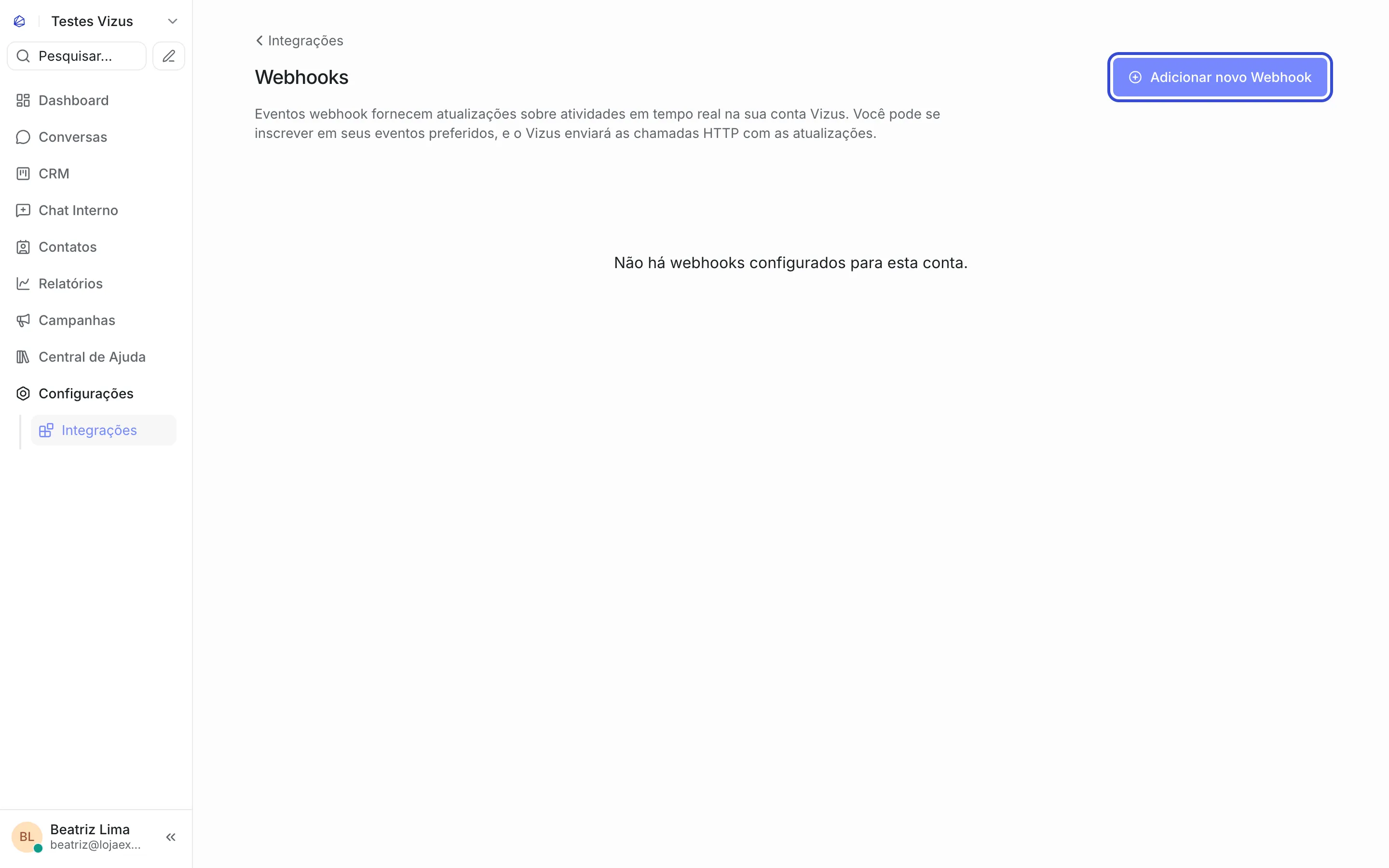 Tela Webhooks sem nenhum webhook cadastrado, com a mensagem “Não há webhooks configurados para esta conta.” e o botão “Adicionar novo Webhook” destacado no canto superior direito.