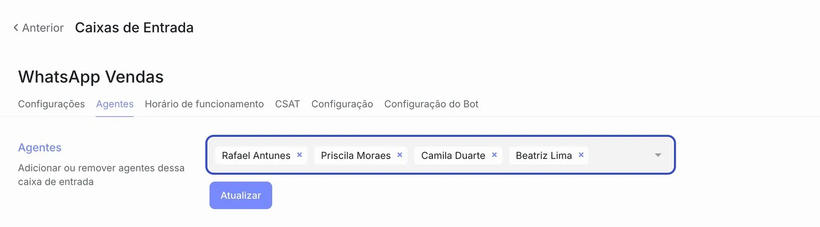 Aba “Agentes” da caixa de entrada “WhatsApp Vendas”, com o campo de seleção listando os agentes que têm acesso à caixa e o botão “Atualizar” logo abaixo.