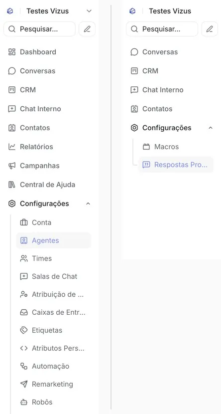Dois menus laterais do Vizus Chat lado a lado. À esquerda, o do administrador, com Dashboard, Conversas, CRM, Chat Interno, Contatos, Relatórios, Campanhas, Central de Ajuda e Configurações aberto em Conta, Agentes, Times, Caixas de Entrada, Etiquetas, Automação e outros. À direita, o do agente, com Conversas, CRM, Chat Interno, Contatos e Configurações aberto só em Macros e Respostas Prontas.