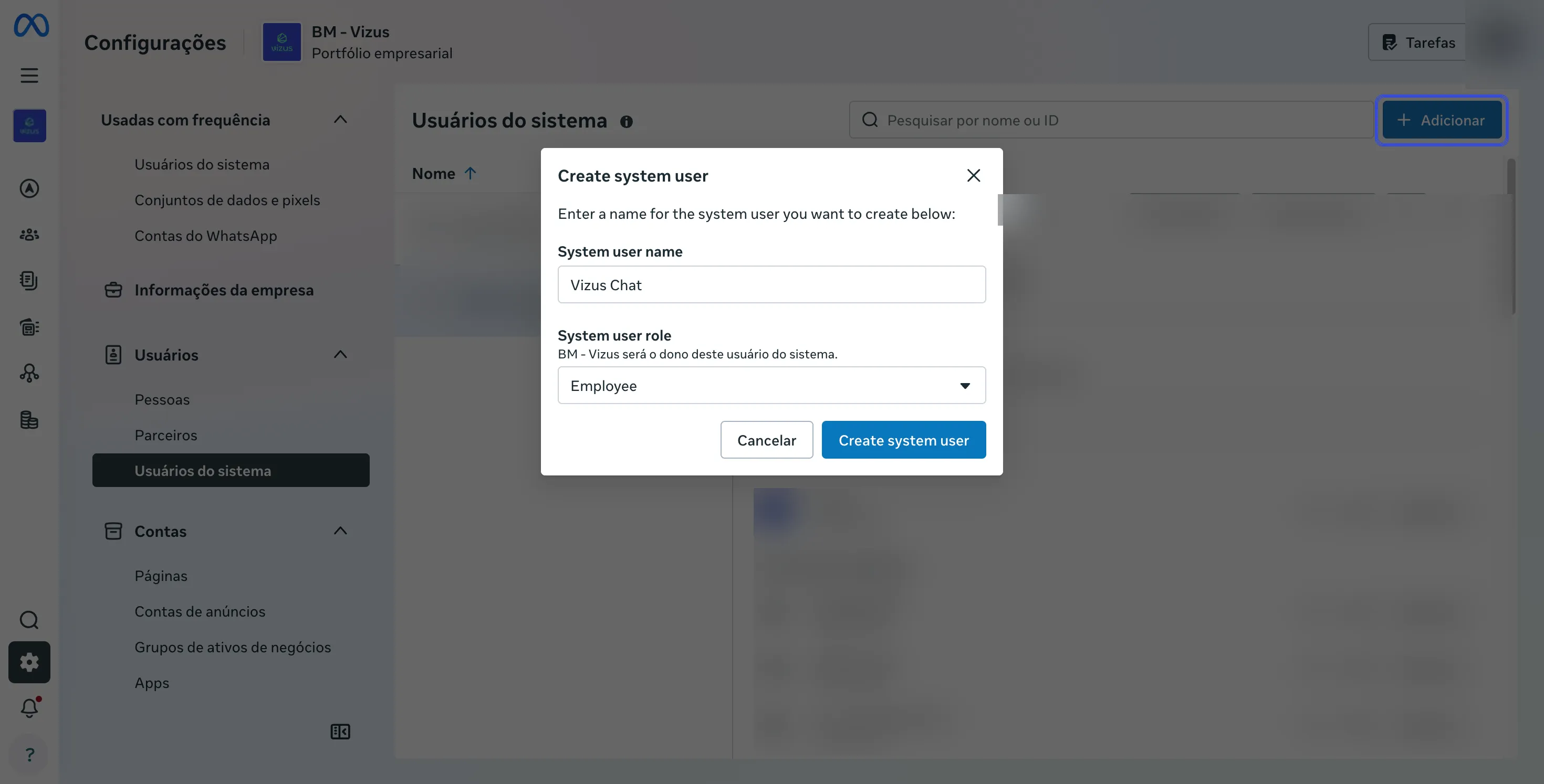 Configurações do portfólio, tela Usuários do sistema, com a janela Create system user aberta: nome Vizus Chat e função Employee.