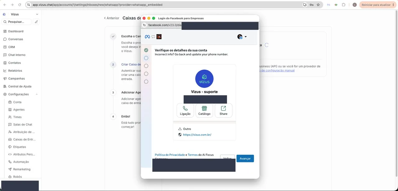 Assistente da Meta, conferência dos dados antes de seguir.
