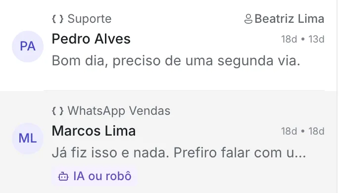 Dois cartões da lista de conversas: Pedro Alves, da caixa Suporte, atribuído a Beatriz Lima, sem selo; e Marcos Lima, da caixa WhatsApp Vendas, com o selo violeta “IA ou robô”.