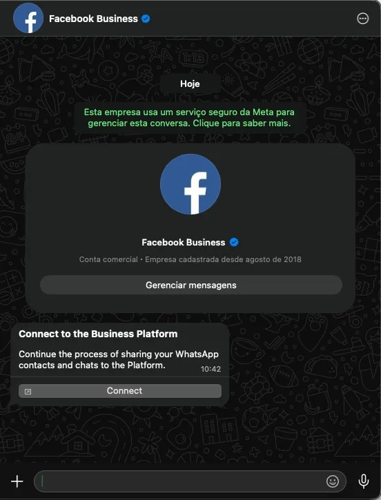 Mensagem do Facebook Business no WhatsApp do celular, com o botão Connect.