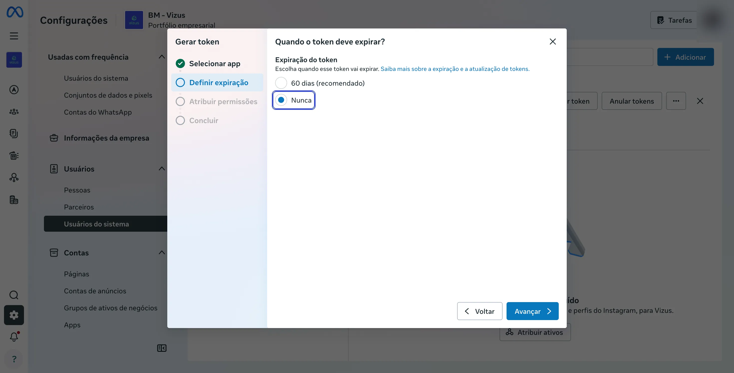 Janela Gerar token, etapa Definir expiração, com a opção Nunca marcada.