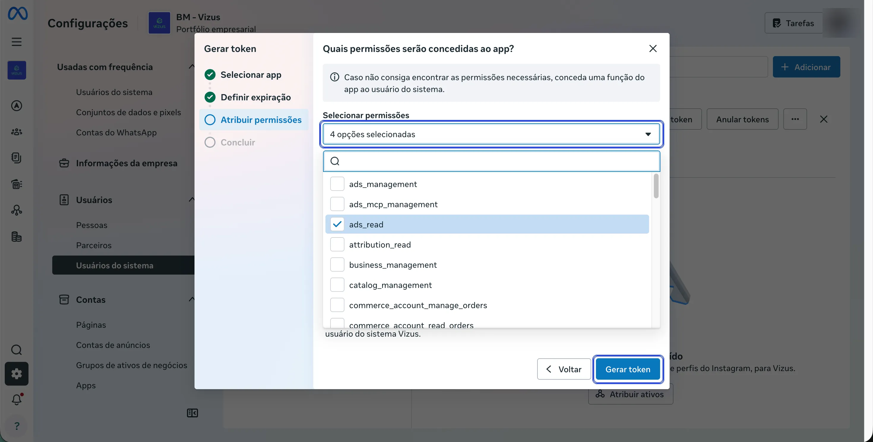 Janela Gerar token, etapa Atribuir permissões, com a lista Selecionar permissões aberta, ads_read marcada e o botão Gerar token destacado.
