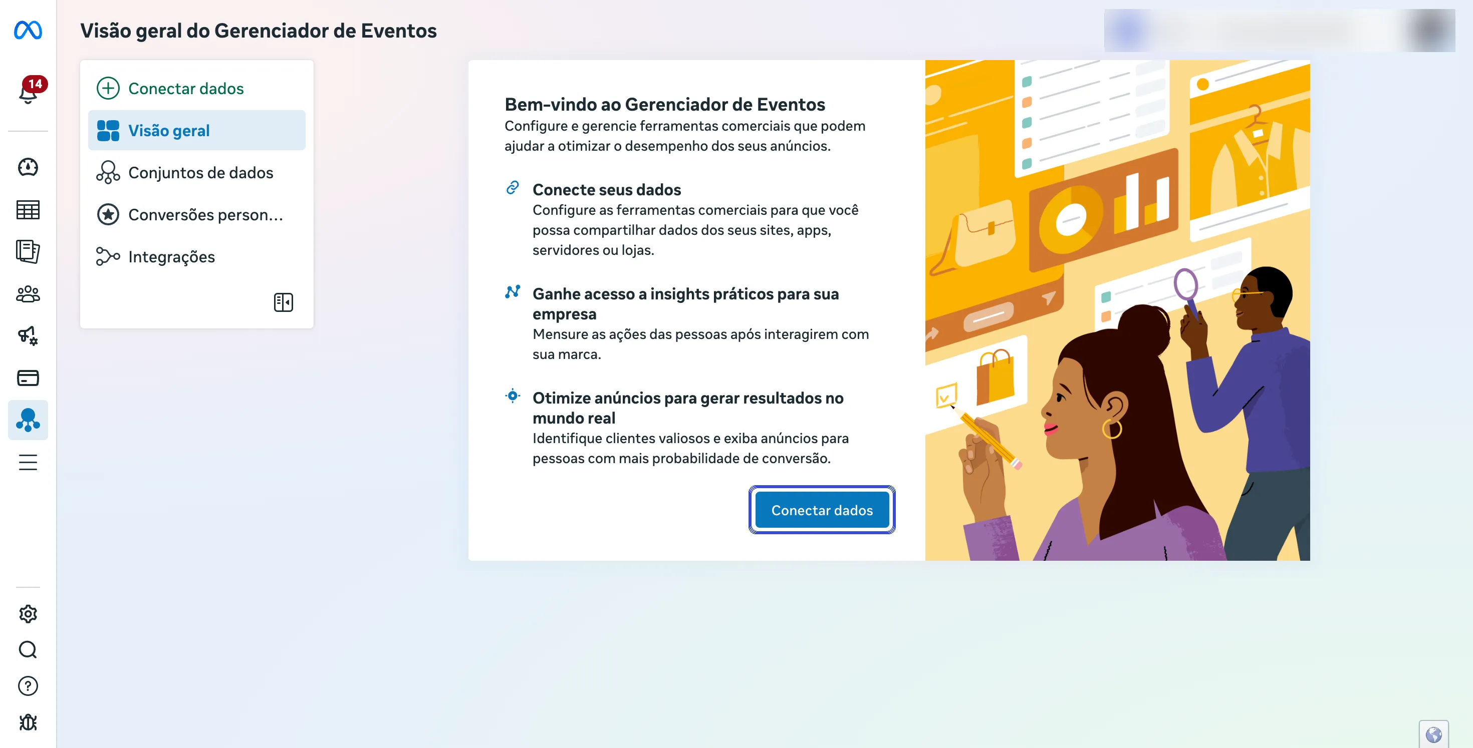 Visão geral do Gerenciador de Eventos, com o botão Conectar dados destacado.