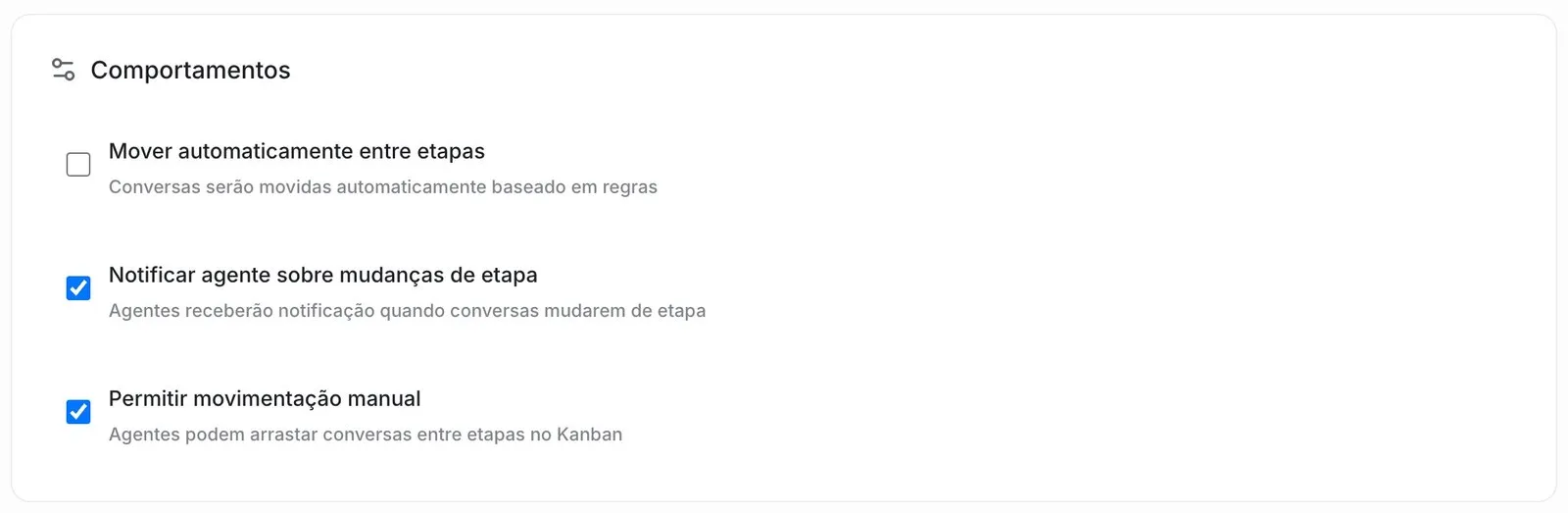 Seção “Comportamentos” das Configurações e Permissões do funil, com as opções “Mover automaticamente entre etapas” desmarcada, “Notificar agente sobre mudanças de etapa” marcada e “Permitir movimentação manual” marcada.