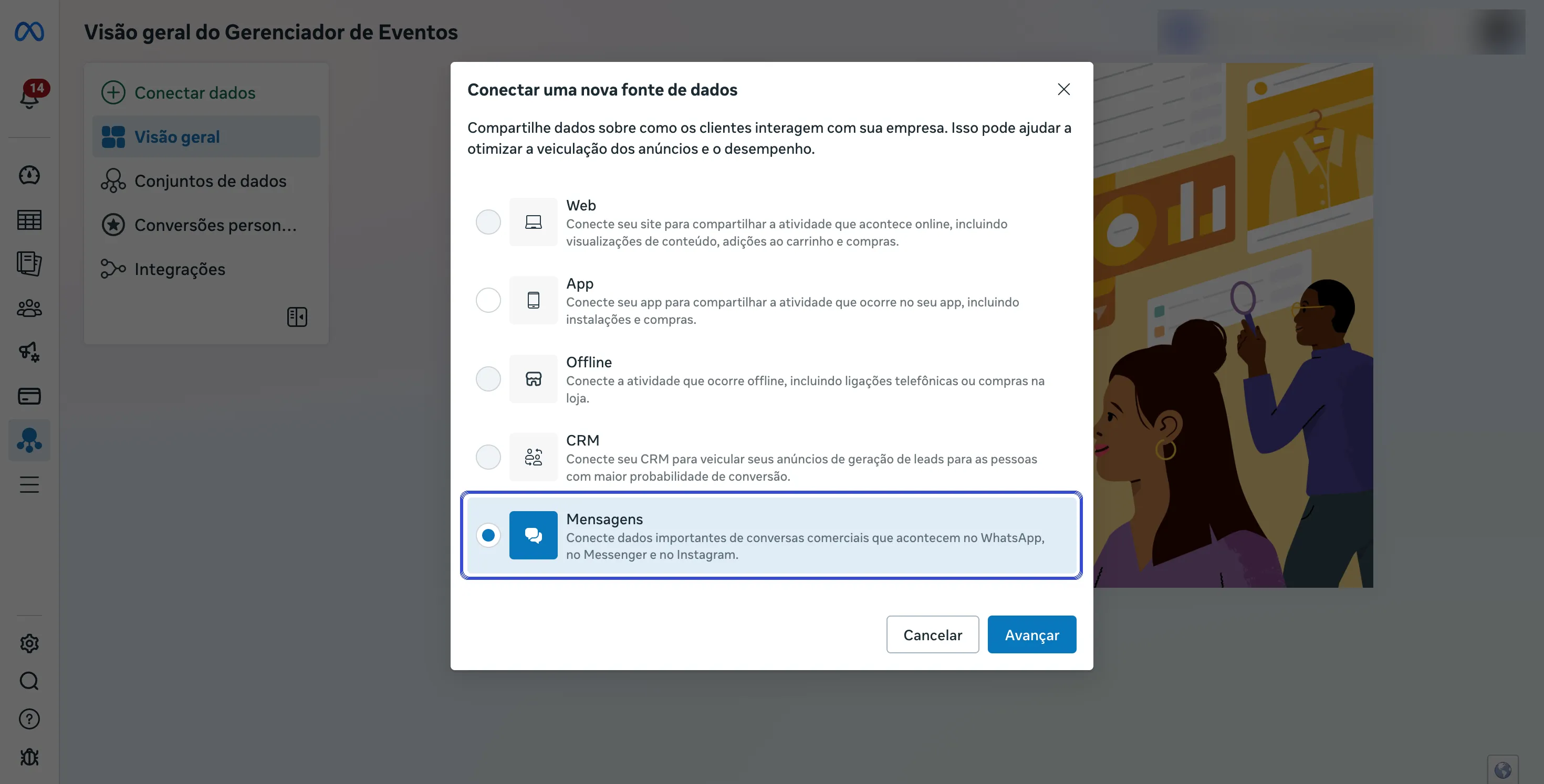 Janela Conectar uma nova fonte de dados, com a opção Mensagens selecionada.