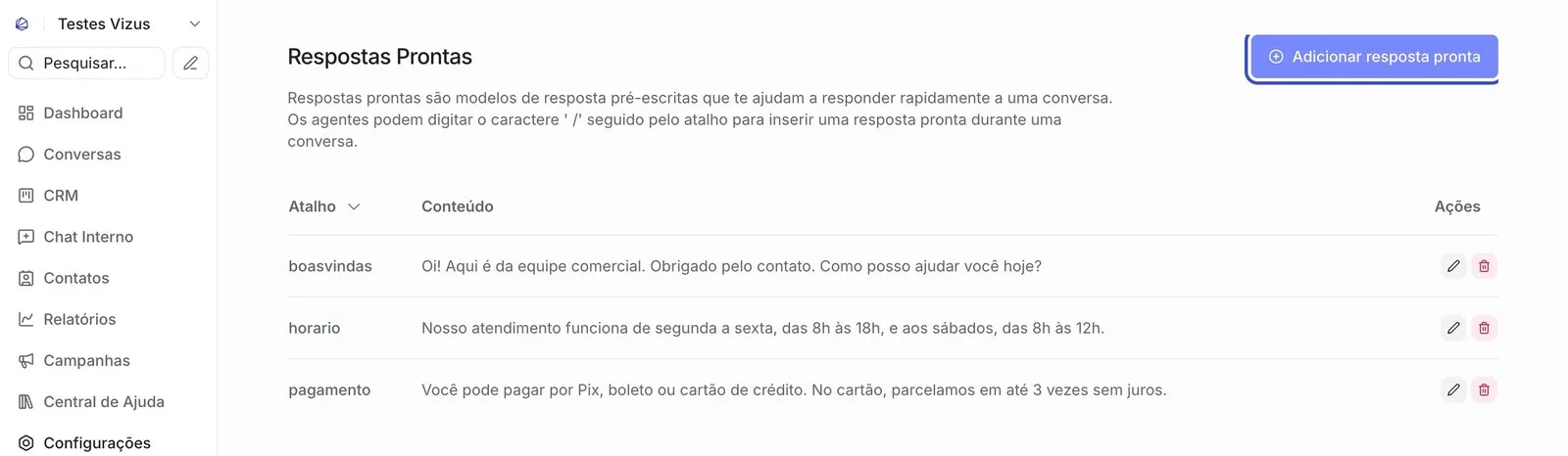 Tela “Respostas Prontas” com a lista de respostas da conta, cada uma com Atalho e Conteúdo, os ícones de editar e apagar, e o botão “Adicionar resposta pronta” destacado.