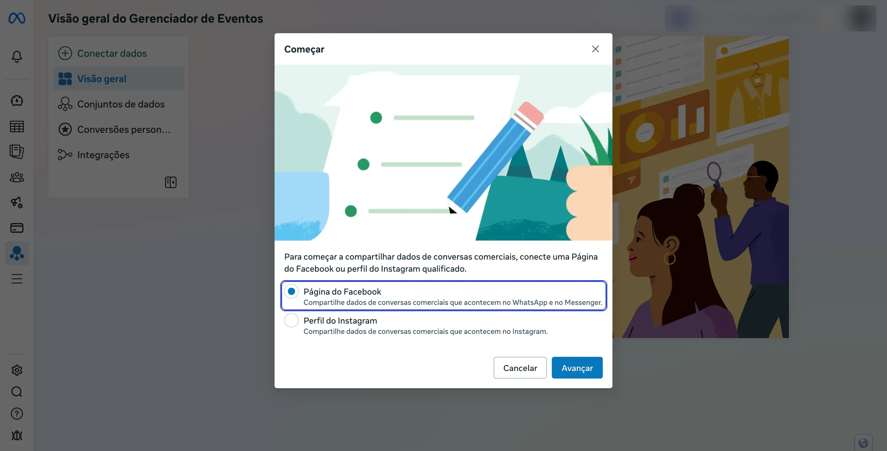Janela Começar, com a opção Página do Facebook marcada.