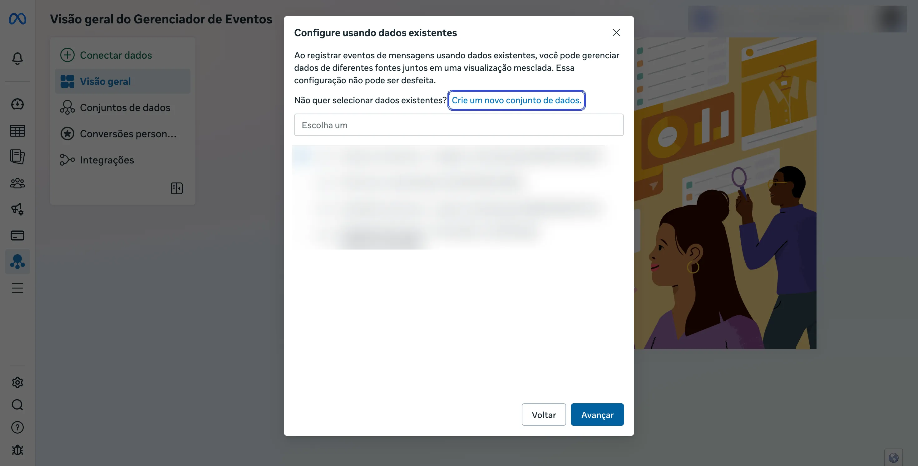 Janela Configure usando dados existentes, com o link Crie um novo conjunto de dados destacado.