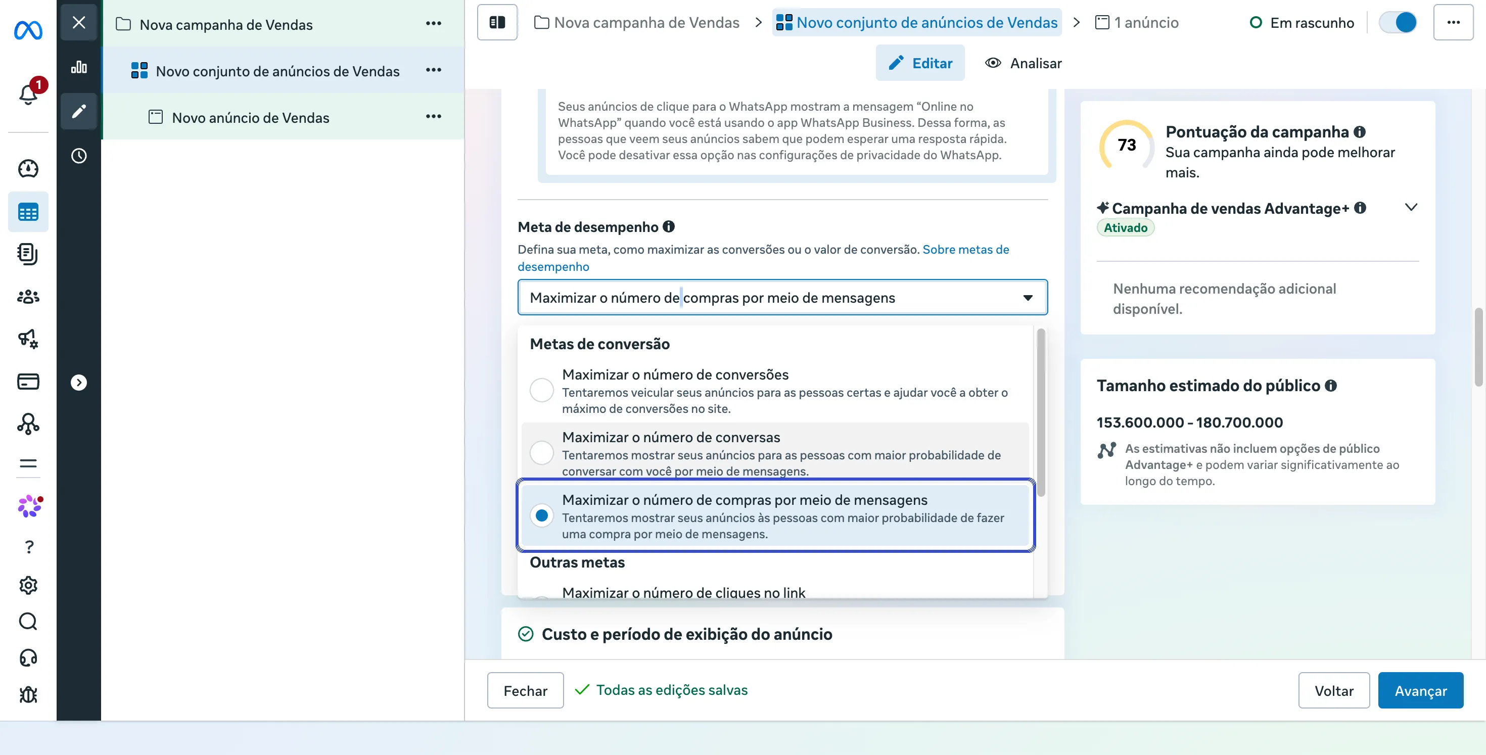 Meta de desempenho com a lista aberta e a opção Maximizar o número de compras por meio de mensagens destacada.